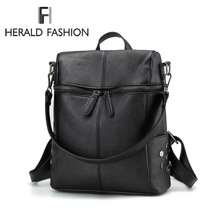 Herald Fashion Women Zipper Backpack Quality Leather Solid School Bags For Teenager Big School Backpack Vintage Shoulder Bags