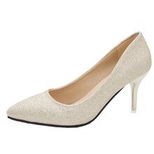 High Heels Women 2020 Spring Autumn New Fashion Pointed Toe Shallow Fine Heel with Frosted Sequin Gold Work Wedding Shoes Woman