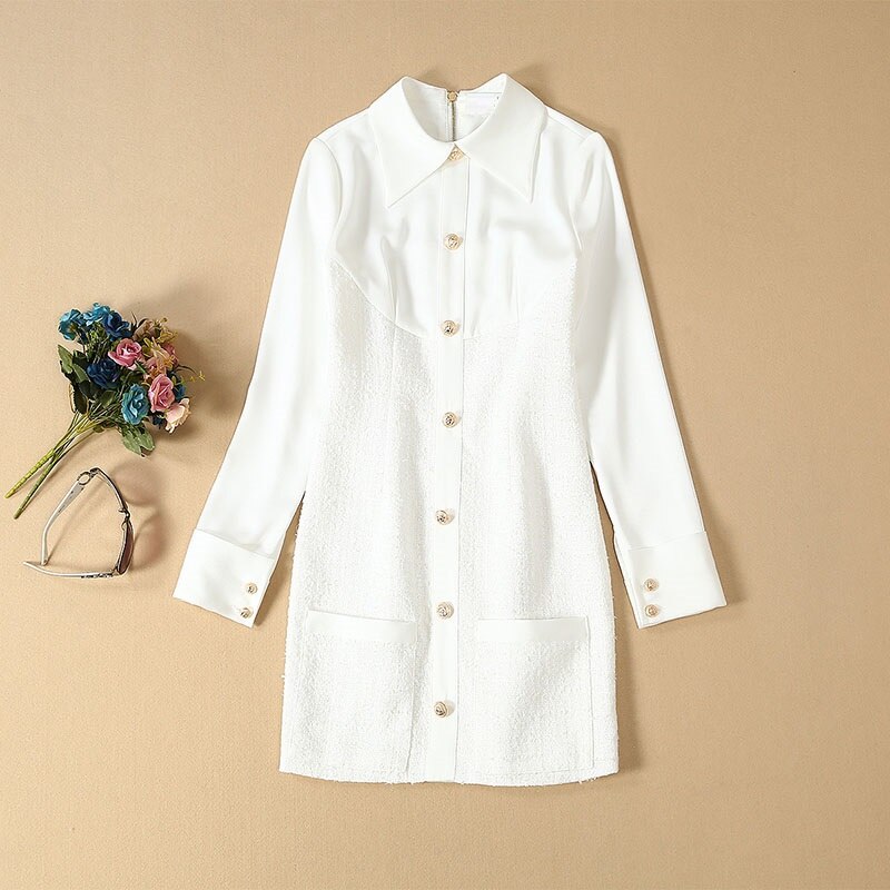 High Quality New 2019 Autumn Winter Dress Women Turn-down Collar Golden Beading Button Long  Sleeve White Wool Dress Above Knee