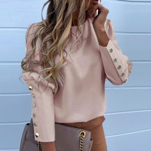 JODIMITTY Puff Shoulder Blouse Shirts Office Lady New Autumn Metal Buttoned Detail Blouses Women Pineapple Print Long Sleeve Top