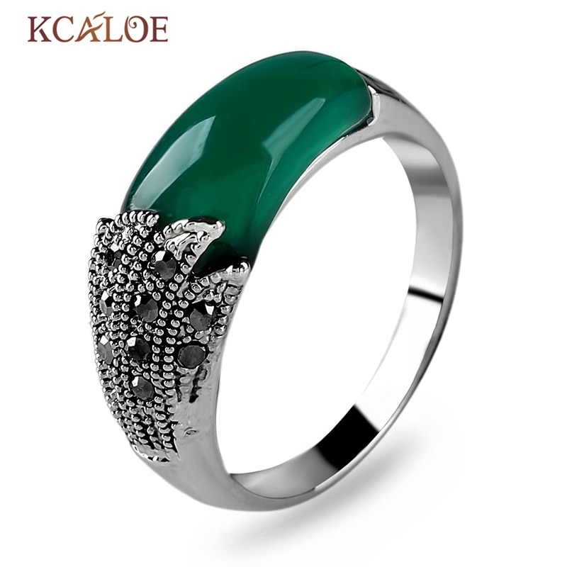 KCALOE Black Natural Stone Women Rings Vintage Retro Jewellery Antique Silver Plated Crystal Rhinestone Brand Ladies Rings