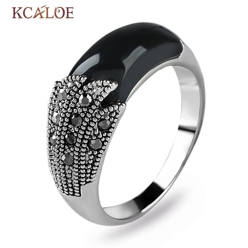 KCALOE Black Natural Stone Women Rings Vintage Retro Jewellery Antique Silver Plated Crystal Rhinestone Brand Ladies Rings