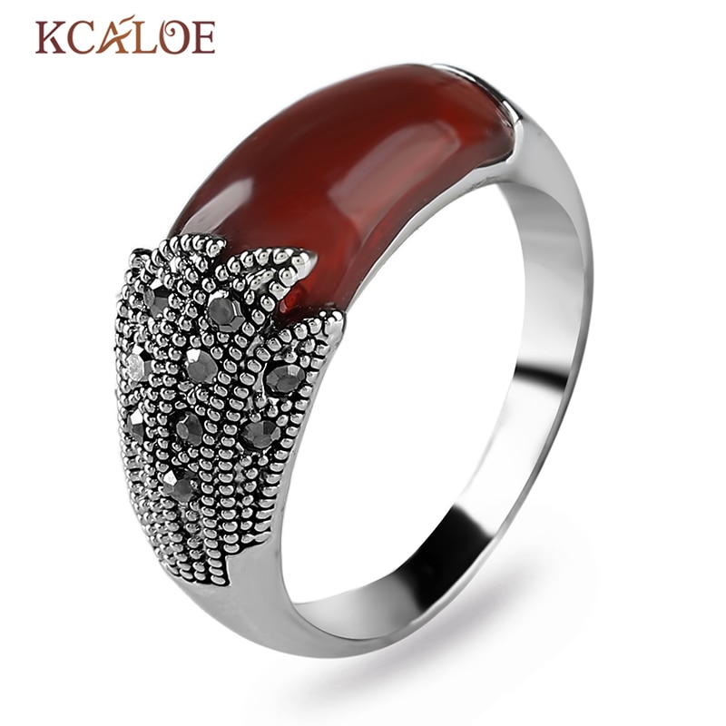 KCALOE Black Natural Stone Women Rings Vintage Retro Jewellery Antique Silver Plated Crystal Rhinestone Brand Ladies Rings