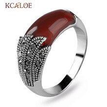 KCALOE Black Natural Stone Women Rings Vintage Retro Jewellery Antique Silver Plated Crystal Rhinestone Brand Ladies Rings