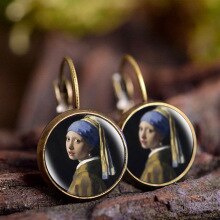 KCALOE New Arrival Vermeer Painting Picture Glass Dome Round Copper Women Earrings Best Gift Vintage Earrings Jewelry