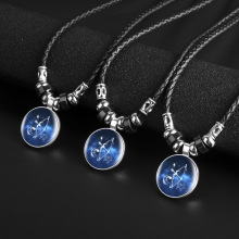 KCALOE Punk Constellation Leather Necklace Glass Zodiac Silver Plated Pendant Necklace Friendship Gift For Men Women Jewelry