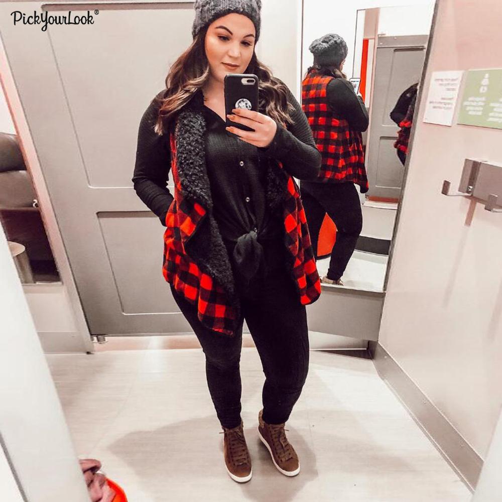 Large Size Women Basic Plaid Sleeveless Jacket Street Girl Winter Warm Cotton Coat Red Overall Lapel Open Front Jacket D30