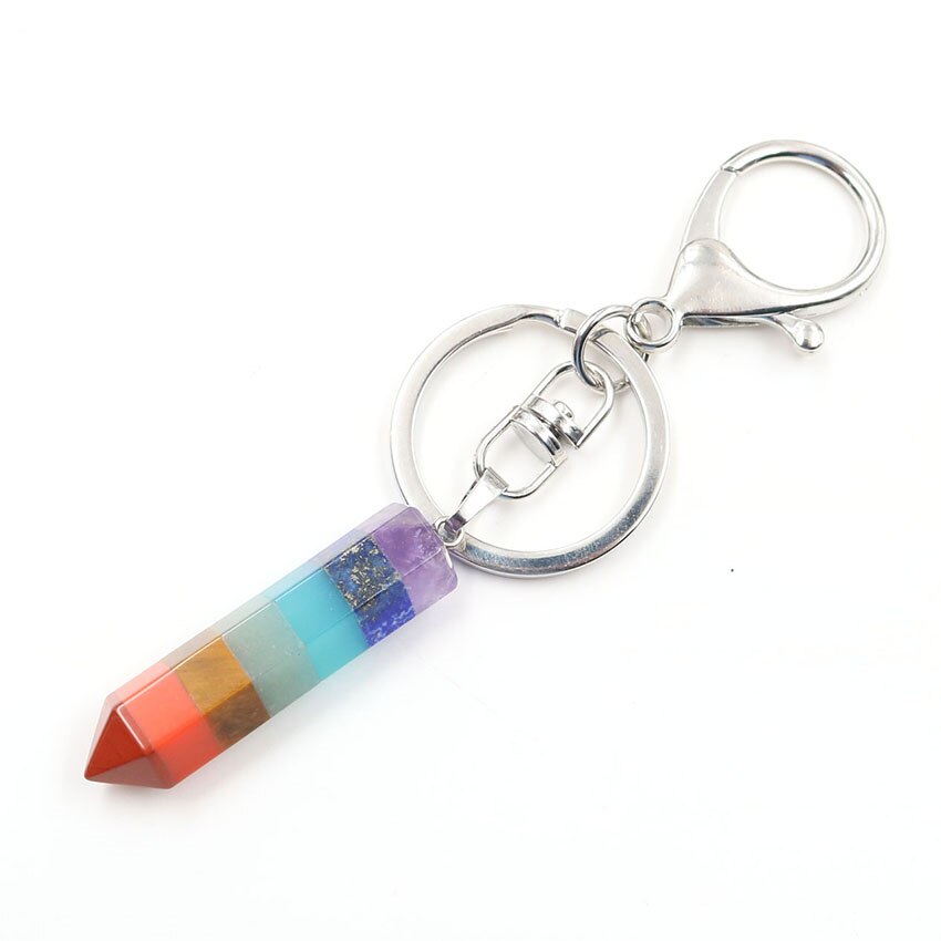 Layer Colorful Rainbow Stone Silver Plated Lobster Clasp Circle Hexagon Column Key Chain Fashion Jewelry