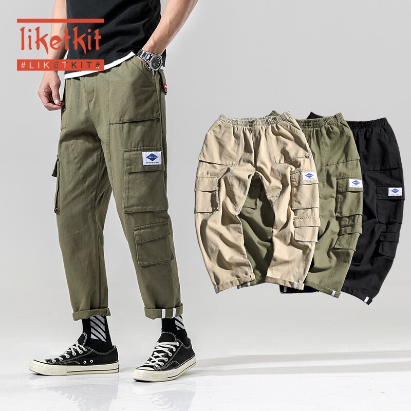 Liketkit Casual Cargo Pants Men 2020 Mens Pockets Black Sweatpants Straight Joggers Pants Male Japanese Vintage Streetwear 5XL