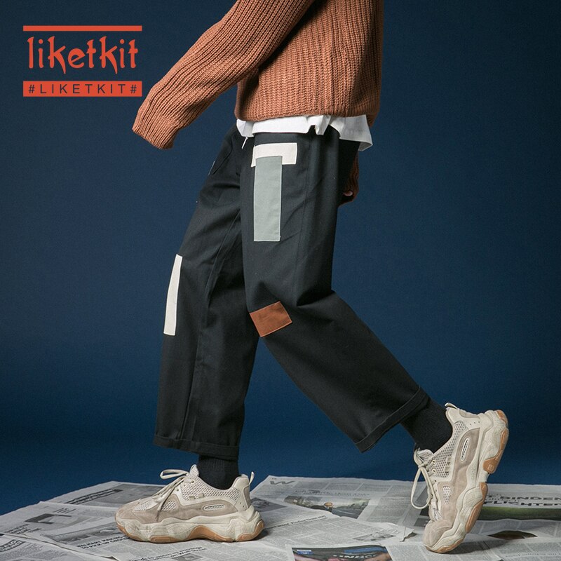 Liketkit Men Harajuku Straight Cargo Pants 2020 Mens Patchwork Loose Vintage Streetwear Joggers Male Wide Leg Casual Sweatpants