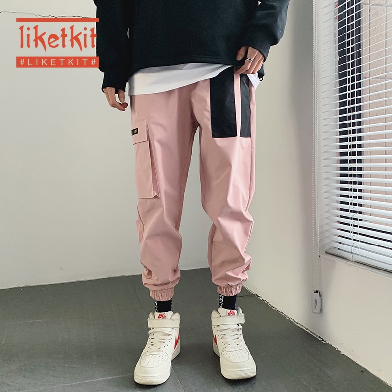 Liketkit Men Japanese Streetwear Cargo Pants 2020 New Color Patchwork Hip Hop Joggers Pants Male Pink Korean Fashion Sweaptpants