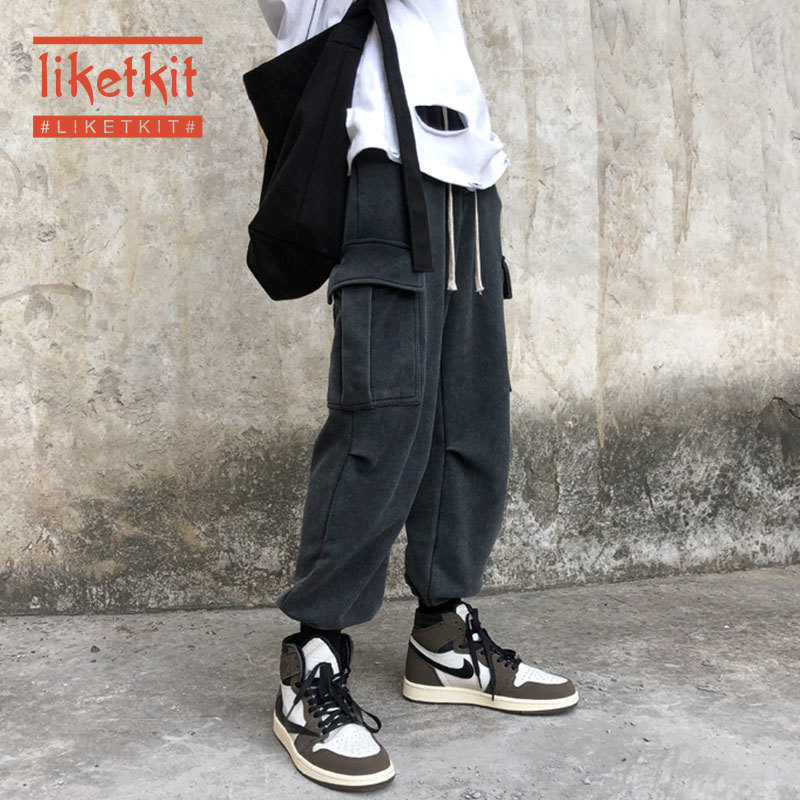 Liketkit Mens Cargo Pants Black Streetwear 2019 Solid Big Pockets Hip Hop Joggers Pants Male Fashions Sweatpants Baggy Trousers