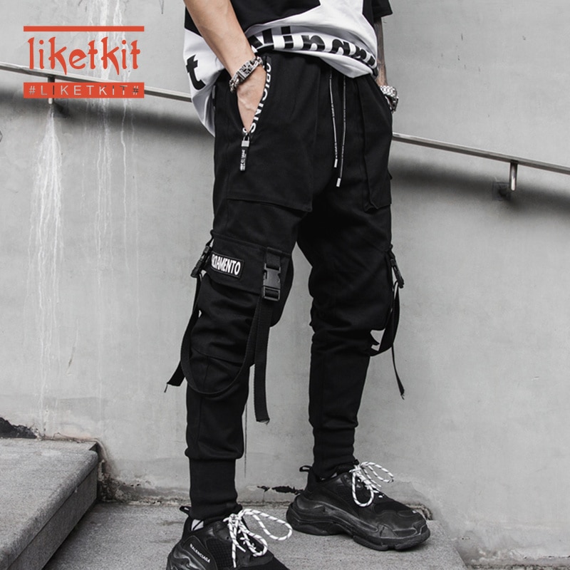 Liketkit Mens Cargo Pants with Many Pockets 2019 Ribbons Hip Hop Black Joggers Pants Male Harajuku Harem Track Pants Streetwear