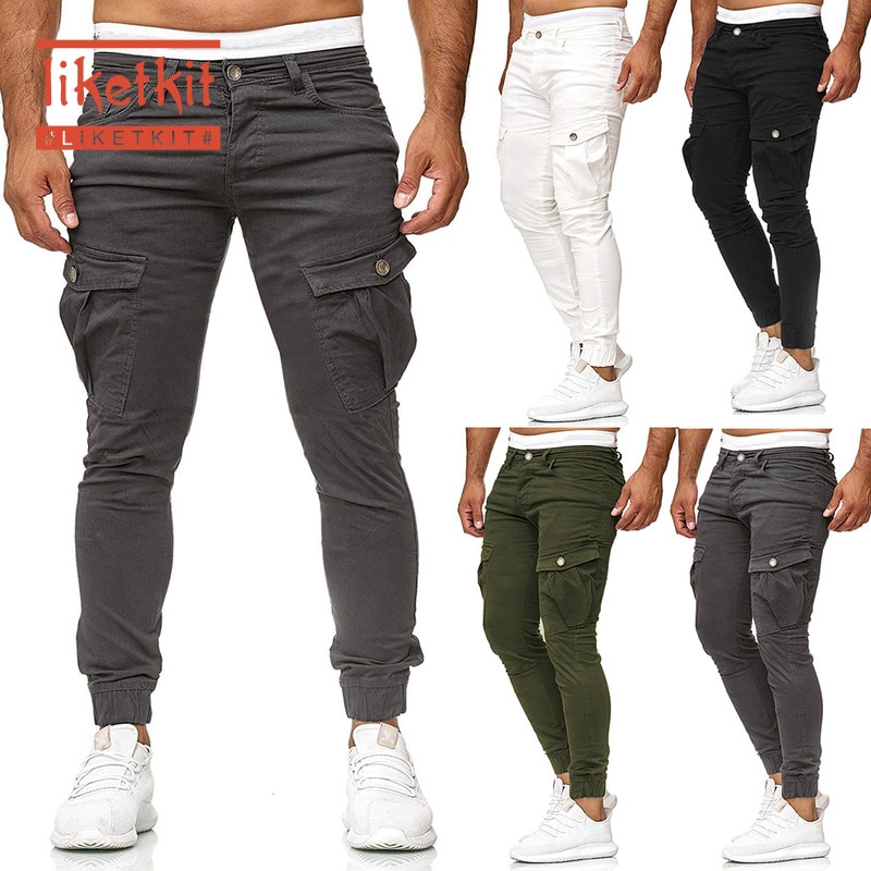 Liketkit Mens Casual Joggers Pants 2019 Solid Patchwork Cotton Cargo Pants Homme Elastic Military Skinny Pants Fitness Trousers