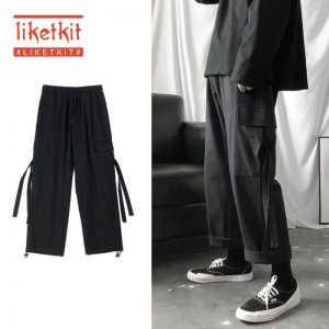 Liketkit Mens Hip Hop Black Cargo Pants 2019 Side Ribbons Loose Thick Joggers Pants Male Punk Streetwear Casual Wide Leg Pants