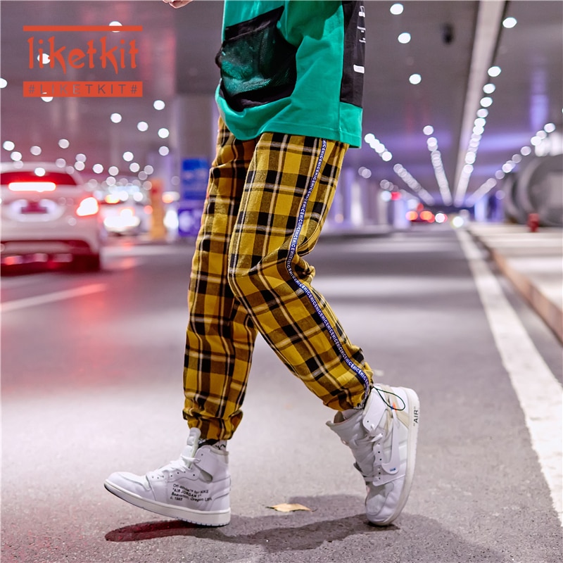 Liketkit Mens Hip Hop Plaid Joggers Pants 2020 New Side Striped Harem Pants Male Harajuku Sweatpants Japanese Vintage Streetwear