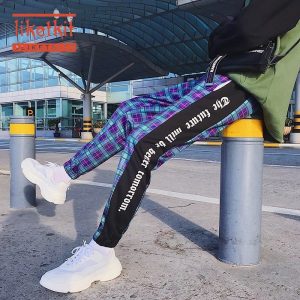 Liketkit Mens Joggers Pants Streetwear 2020 Mens Patchwork Cotton Hip Hop Blue Sweatpants Male Plaid Ankel-length Trousers INS