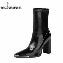 Mabaiwan 2020 Black Fashion Women Short Ankle Boots High Heel Square Toe Party Shoes Woman Military Knight Slip On Stretch Boots