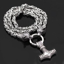 Men Stainless Steel Necklace Viking Thunder Torr Hammer Pendant Wolf Head Chain Necklace Exquisite Punk Jewelry Gift