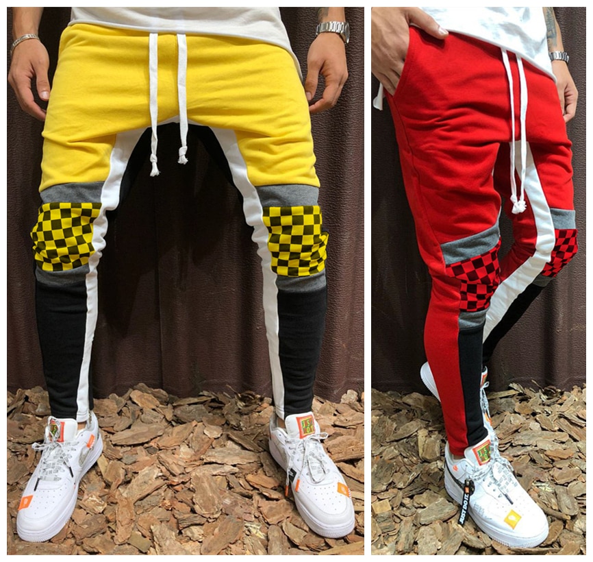 Men's Skinny Patchwork Pants Hiphop Sweatpants Yellow Track Drawstring Joggers Trousers Causal Male Side Stripe Plaid Trackpants