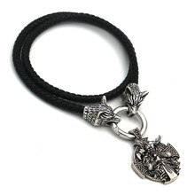 Men's Stainless Steel Wolf Head Necklace Viking Warrior Odin Crow Pendant Leather Chain Necklace Viking Fine Jewelry Gifts