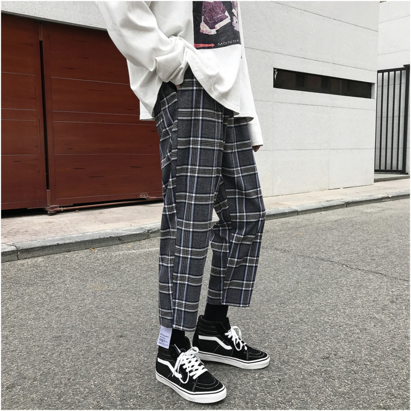 Men's trousers new summer 2019 slim gingham printed nine-minute sport trousers, loose casual individual youth men's wear
