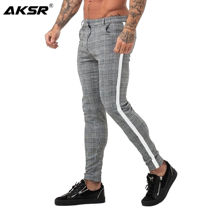 Mens Chinos Slim Fit Men Skinny Chino Pants Streetwear Super Comfy Stretch Pants for Men Plaid Side Stripe Pant pantalone hombre