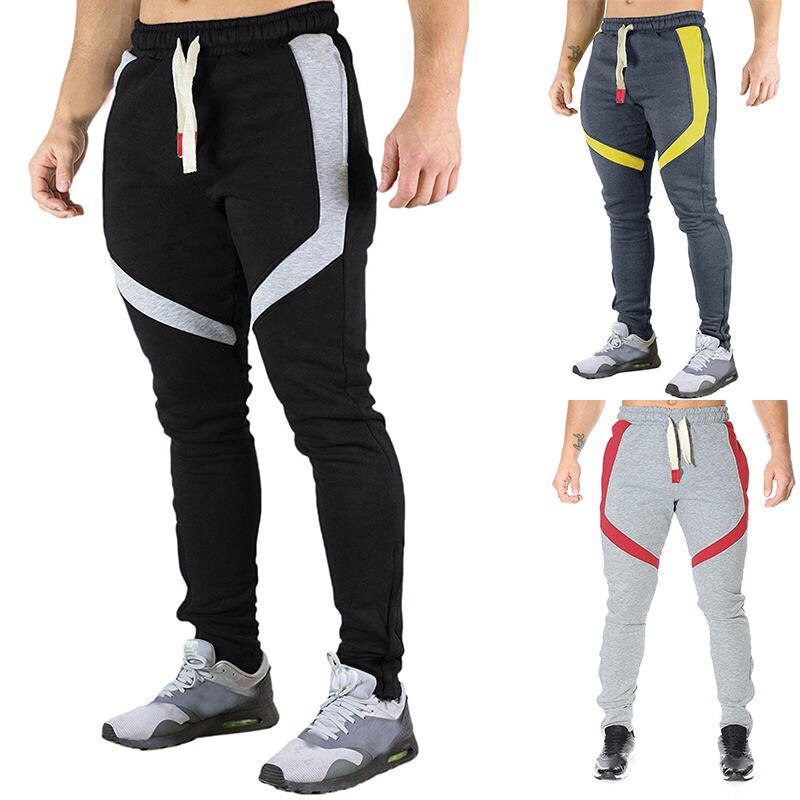 Mens Contrast Color Pants Patchwork Breathable Sport Mens Trousers Males Fashion Skinny Pants