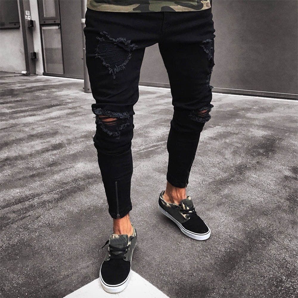 Mens Cool Designer Brand Black Jeans Men Slim Biker Zipper Denim Jeans Skinny Frayed Pants Distressed Rip Trousers For MenZ402