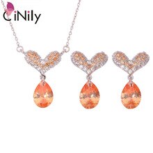 Morganite Garnet Cubic Zirconia Silver Plated Wholesale Heart for Women Jewelry Necklace Pendant Earrings Jewelry Set NT201-202