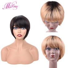 Ms Love Short Human Hair Wigs With Bangs Straight Brazilian Wigs For Women 6 Inch Natural Black Color Non Remy