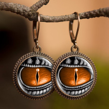 NEW Unique Ladies Dragon Eyes Round Dangle Earrings Glass Cabochon Earrings Antique Bronze Jewelry Dia 16mmx16mm
