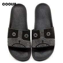 New Summer Flat Bling Rhinestone Women Slippers Cartoon Bulldog Beach Sandals Outdoor Flip Flop Fashion Lady Slides Casual Shoes