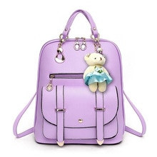 New Trend Backpack PU Leather Women Lovely Bear Hanging Ornament Backpack Outdoor Travel Bag Solid Color Student Zipper Daypacks
