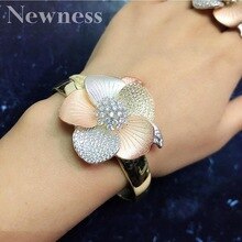 Newness Luxury 3Tone Flower Nigeria Bangle Ring Set Jewelry Set For Women Wedding Cubic Zircon Crystal CZ Dubai Bridal Jewelry