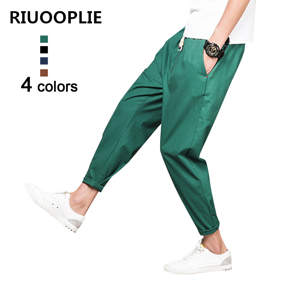 RIUOOPLIE Men Business Casual Cotton Nine Points Pants Elastic Waist Slim Pencil Pants