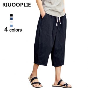 RIUOOPLIE Men Linen Casual Loose Seven Points Trousers Elastic Waist Wide Leg Pants