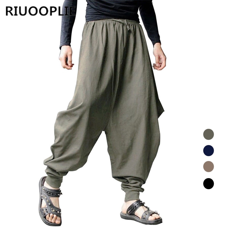 RIUOOPLIE New Men's Casual Harem Japanese Trousers Retro Cotton Linen Hakama Pants