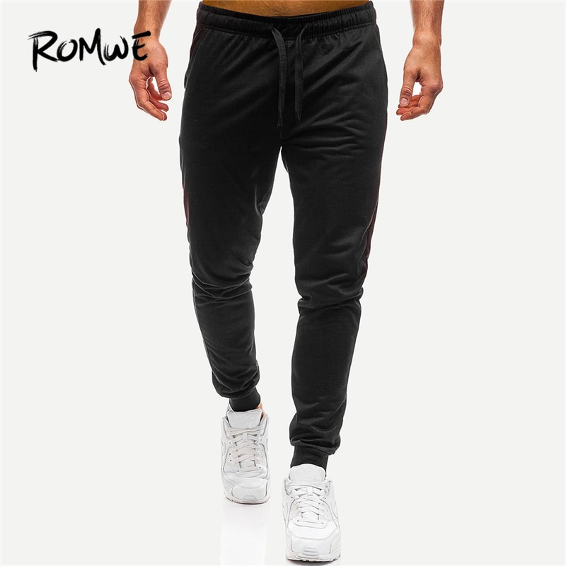 ROMWE Men Black Drawstring Waist Solid Mens Joggers Pants Mankind Casual Sweatpants Clothing 2018 Autumn Male Spring Trousers