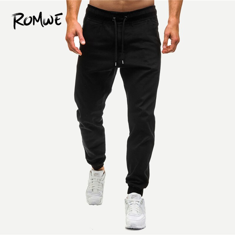 ROMWE Men Drawstring Waist Solid Pants Black Cozy Pockets Long Pants 2019 Spring Autumn Comfort Mid Waist Mens Trousers