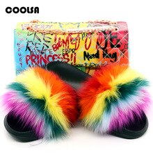 Real Fox Fur Slippers Rainbow Jelly Bags Set Women Fur Slides Fluffy Fur Flip Flops Graffiti Handbag Fashion Travel Furry Shoes