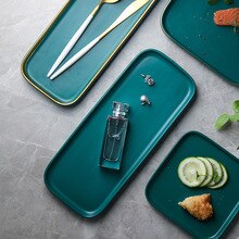 Retro Deep Green Square Ceramic Plate Gold Edge Rectangle Porcelain Dinner Plate Steak Pasta Dessert Tray Nuts Snack Dish Plate