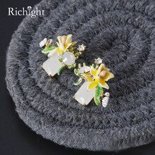 Retro French Hand Painted Enamel Earrings Floral Ear Stud Earrings Small Cute Flower Stud Earring Women Gifts Crystal Earrings