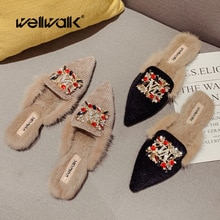 Rhinestone Buckle Mule Shoes Women Flat Fur Slides Multi Crystal Decoration Slip On Slippers Ladies Casual Fuzzy Home Shoe