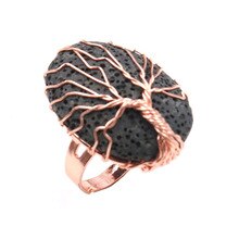 Rose Gold Color Wire Wrap Black Lava Stone Oval Shape Resizable Ring Green Aventurine Jewelry
