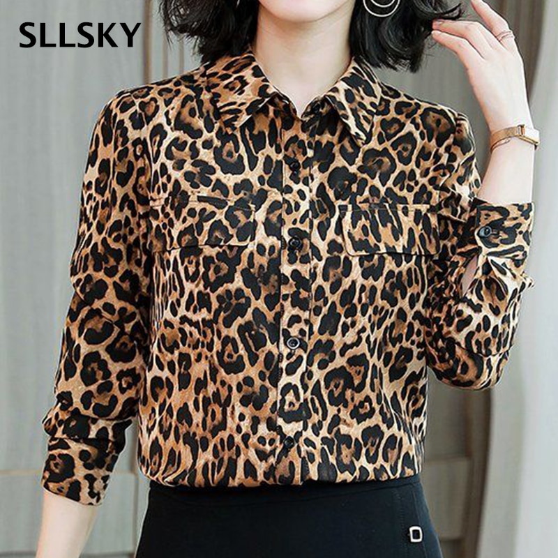 SLLSKY New Plus Size 4XL Leopard Print Shirt Casual Button Up Turn Down Collar Long Sleeve Feminina Slim Vintage Chiffon top