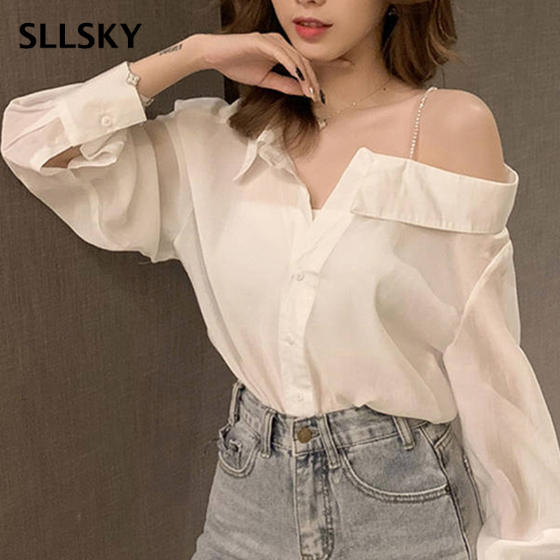 SLLSKY New Strapless Sling White Chiffon shirt Spring Summer Long-sleeved Loose Sexy Feminine Simple Versatile Thin Shirt