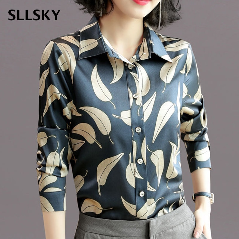SLLSKY  Spring New Print Fashion Women Blouses Long Sleeve Turn Down Collar Office Shirt Casual Slim Tops Feminine Blouse