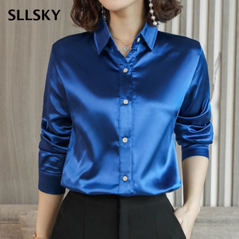 SLLSKY  Women Blouses 2019 Fashion Long Sleeve Turn Down Collar Office Shirt Rayon Blouse Shirt Casual Tops  Feminine Blouse