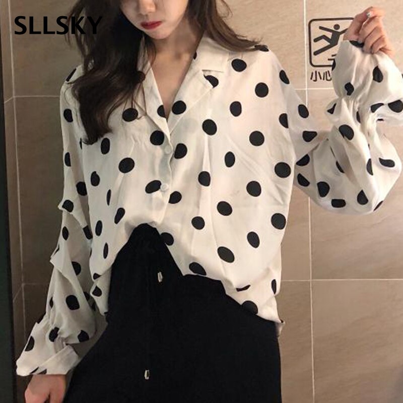 SLLSKY Women's V-neck Blouse Long-Sleeved Button Print Wave point Bell sleeve 2019 Spring New Simple Versatile Bottoming Shirt